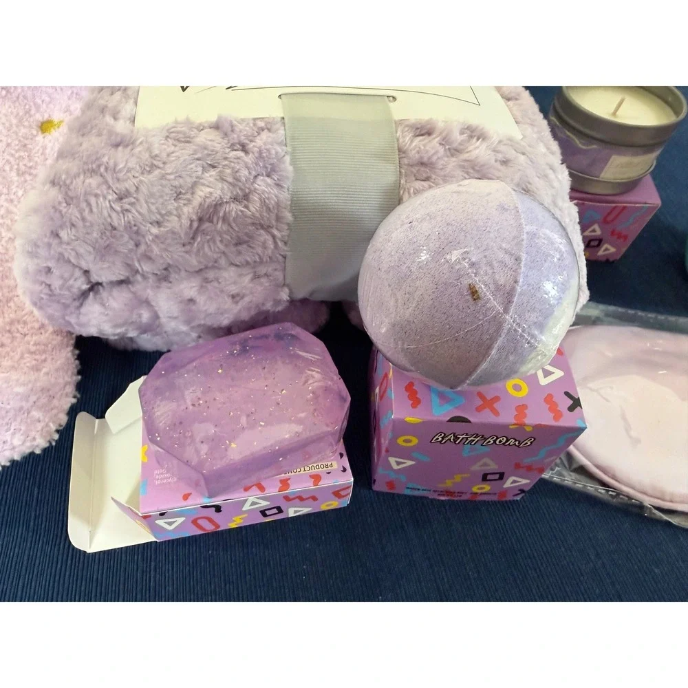 Self Care Gift Set Purple Lavender Blanket Sock Tumbler Candle Spa Kit Cozy Core